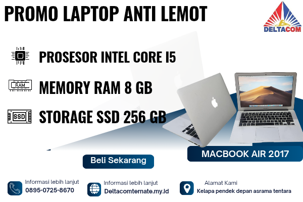 MACBOOK AIR 2017 , TYPE BARU BODY SLIM, PROSESOR INTEL CORE I5 MEMORY RAM 8 GB STORAGE SSD 256 GB DISPLAY 14 INCH MULUS, WARNAH SILVER, LECET SDIKIT